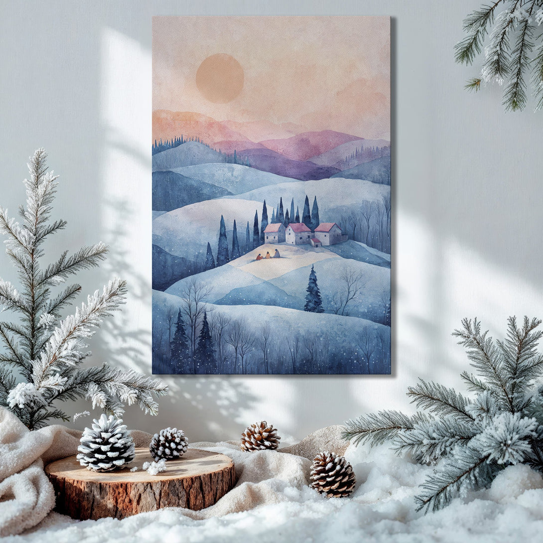 Framed Wall Art: Watercolor landscape in soft blues & purples. Cozy winter scene. Perfect for adding warmth to your home decor.