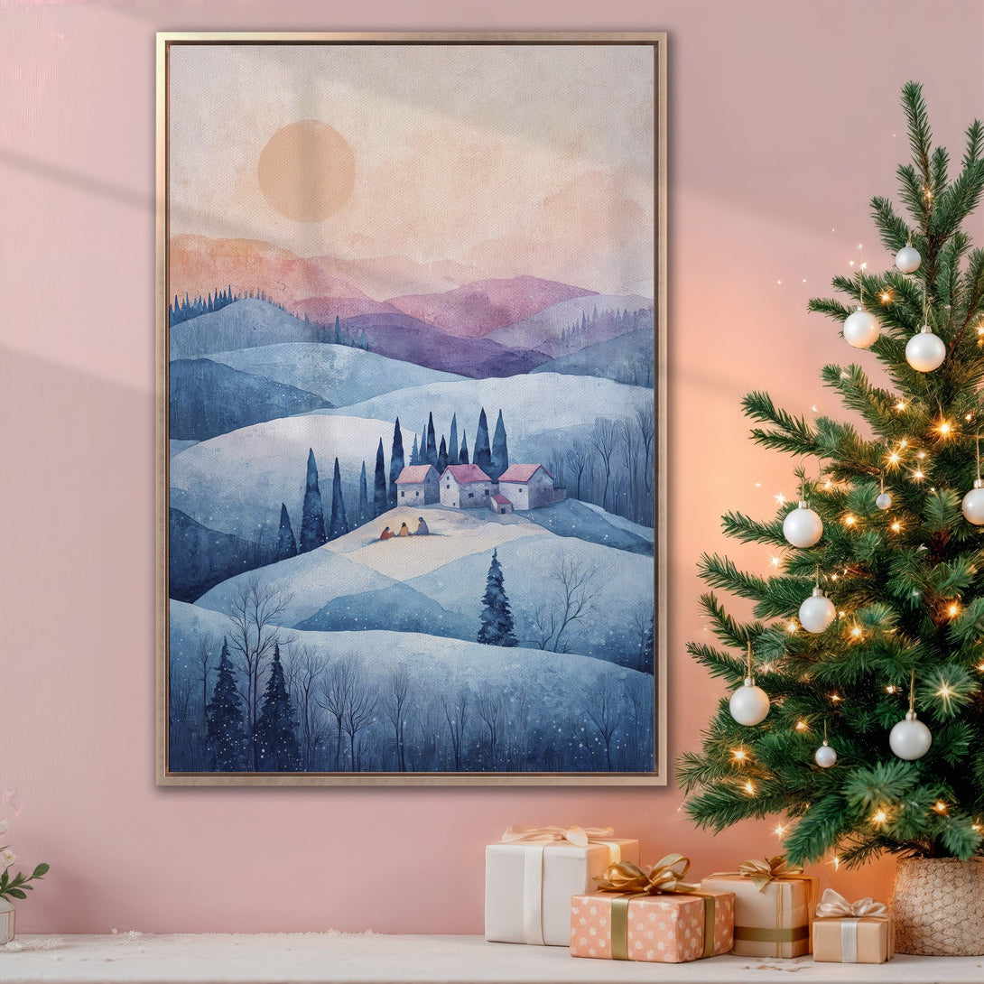 Framed Wall Art: Watercolor winter landscape in blue & purple hues. Cozy cabin scene, perfect for holiday decor. Add a touch of serene beauty to your space!