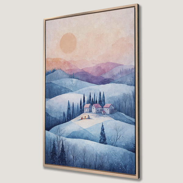 Framed Wall Art: Watercolor landscape Canvas Print featuring a serene winter scene with blue, purple, and peach hues. Perfect for adding a touch of calm to your space.