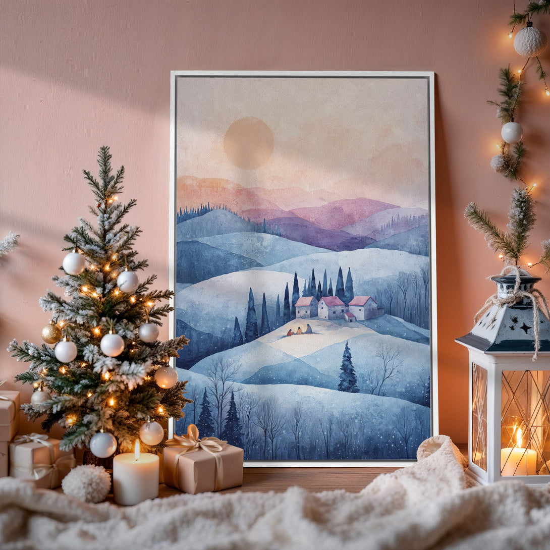 Framed Wall Art: Watercolor winter landscape in blue and purple hues. Perfect for cozy home decor. Shop our Canvas Print collection today!