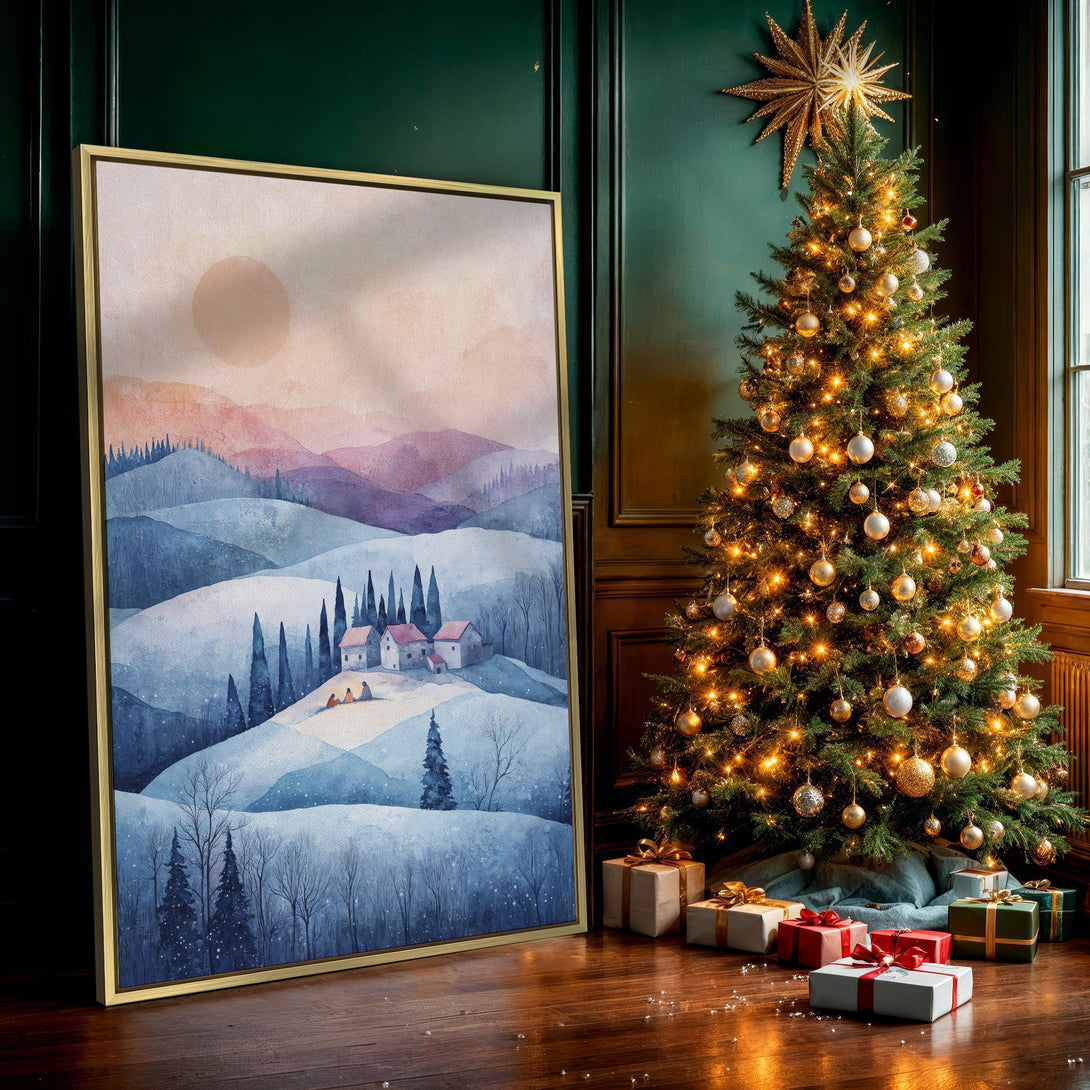 Canvas Print of a winter landscape watercolor painting in blue and purple hues. Adds a cozy, artistic touch to any space.