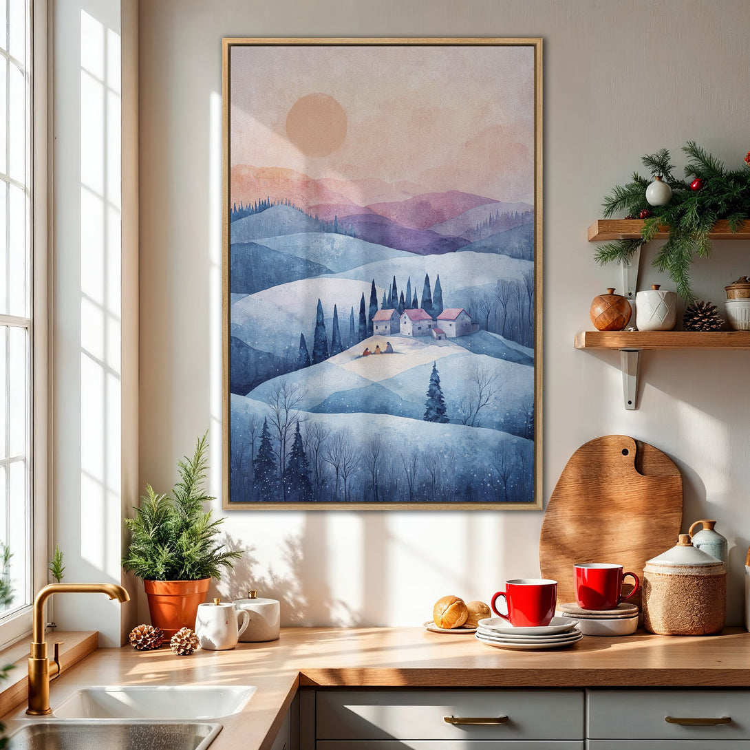 Framed Wall Art: Watercolor landscape Canvas Print in blue and purple hues. Perfect for adding a touch of serene beauty to your home decor.