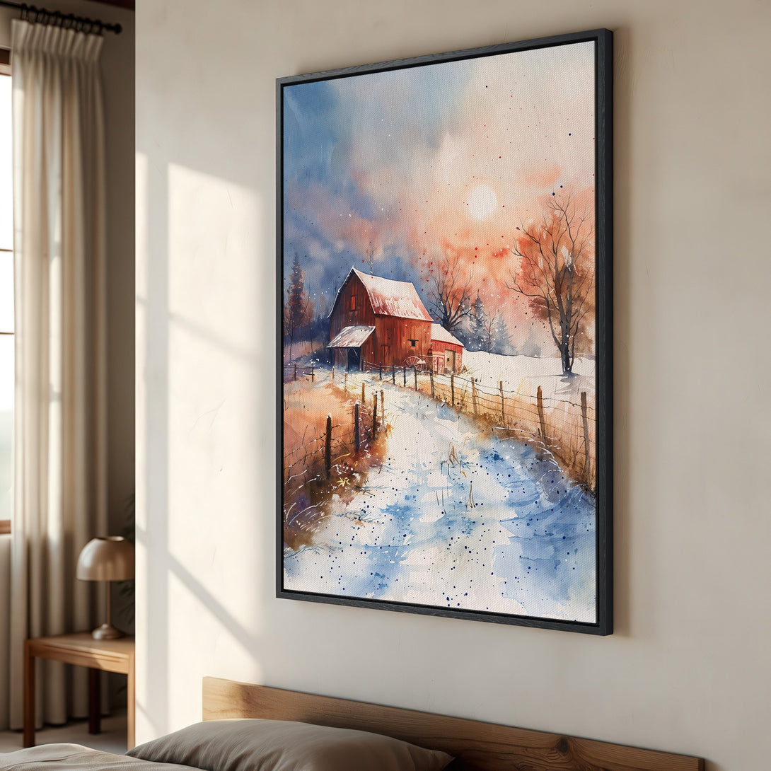 Framed Wall Art: Watercolor barn scene in warm sunset hues. Rustic landscape Canvas Print with blue, orange, and red tones. Perfect for cozy interiors.