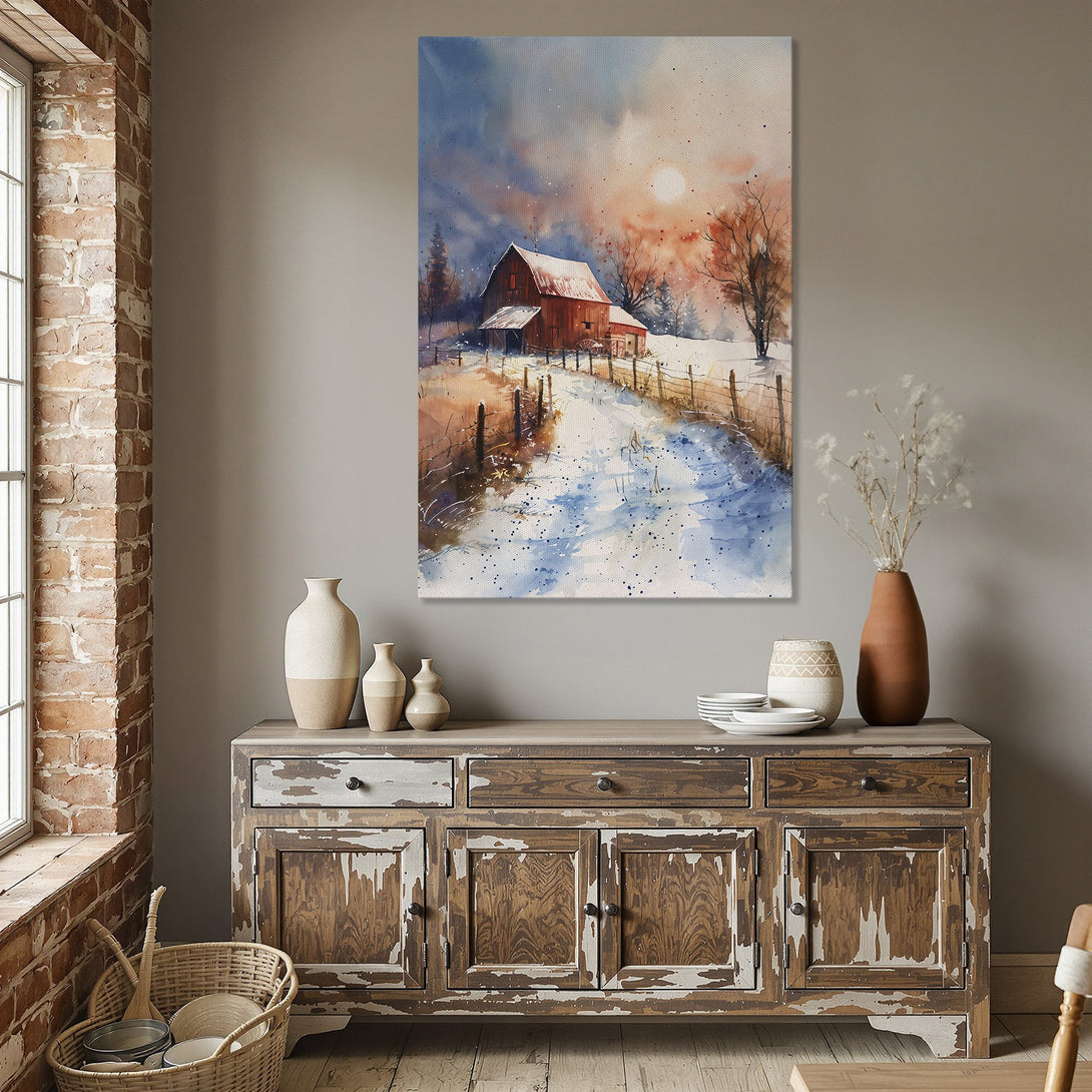 Framed Wall Art: Watercolor barn scene in a warm, inviting dining room. Featuring a red barn, snowy landscape, and a vibrant sunset color palette.