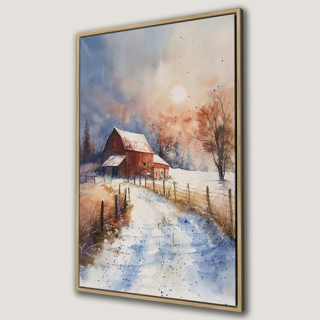 Framed Wall Art: Watercolor winter barn scene in warm orange, blue, and brown tones. Rustic landscape Canvas Print for cozy home decor.