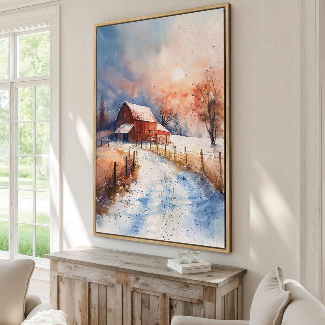 Framed Wall Art: Watercolor winter barn scene in warm tones. Rustic landscape canvas print with red barn, snow, and blue sky. Perfect for home decor.