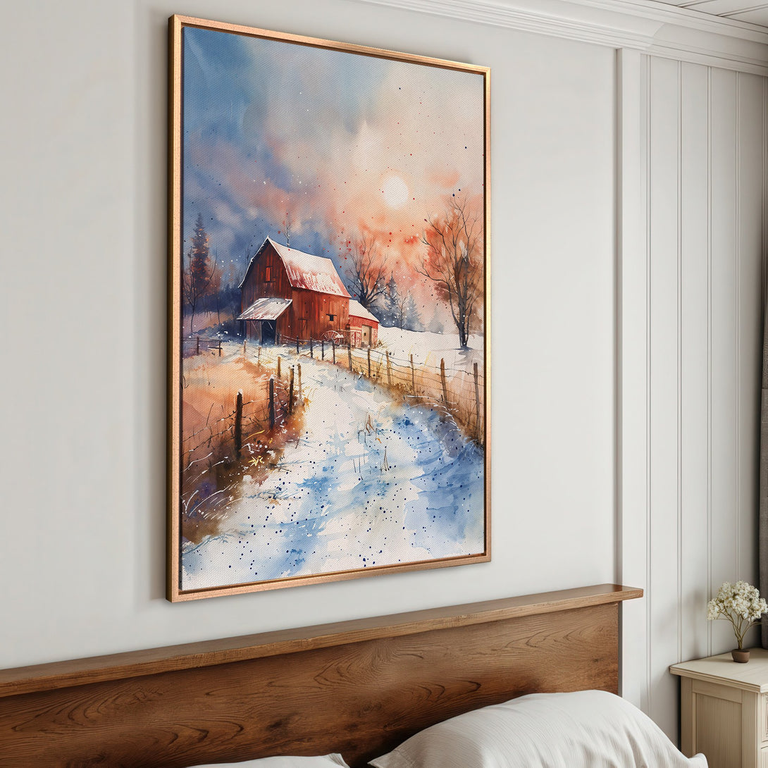 Framed Wall Art featuring a watercolor winter barn scene. Warm sunset hues and cool blues create a cozy, artistic vibe for your home.