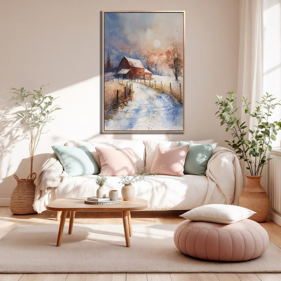 Framed Wall Art: Watercolor barn scene with a snowy landscape, warm sunset hues, and a cozy interior setting. Perfect for adding rustic charm.