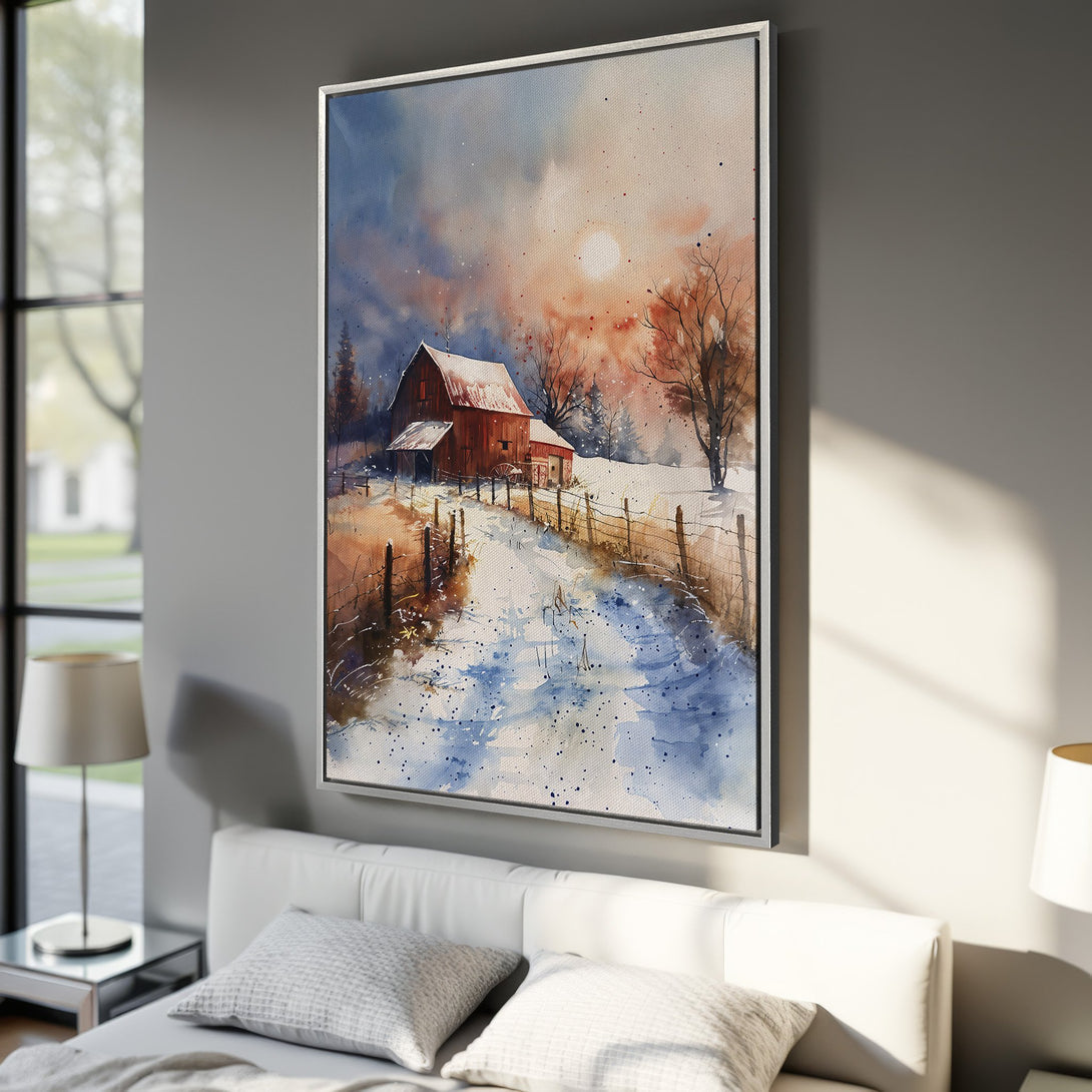 Framed Wall Art: Watercolor barn scene in warm hues of red, orange, and blue. Rustic winter landscape Canvas Print for cozy home decor.