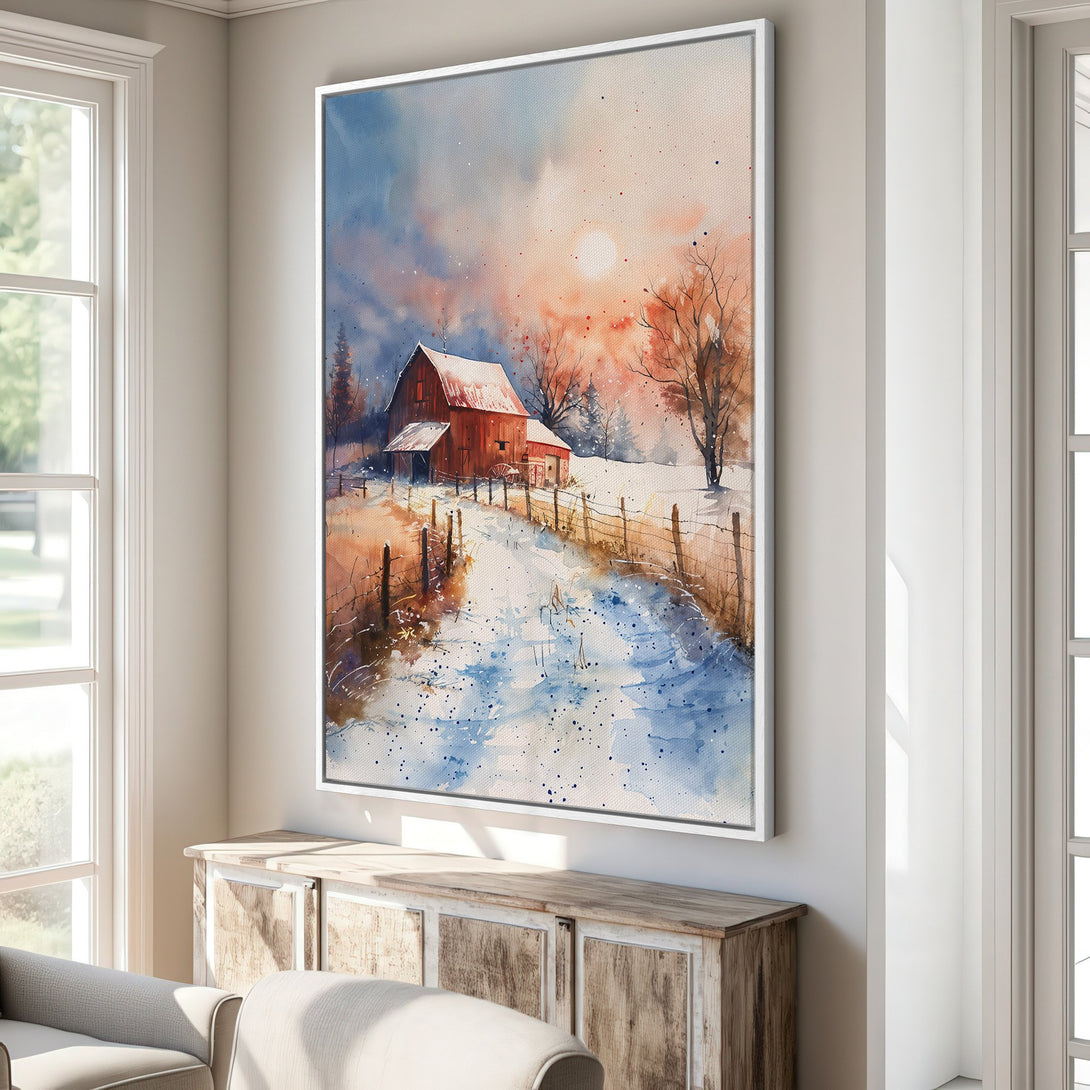 Framed Wall Art: Watercolor barn scene in winter. Rustic style with red, blue, and gold color palette. Perfect for farmhouse decor.