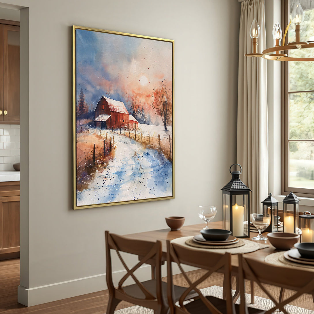Canvas Print: Watercolor barn scene in a winter landscape. Warm orange, blue, and white color palette. Rustic wall art for cozy interiors.