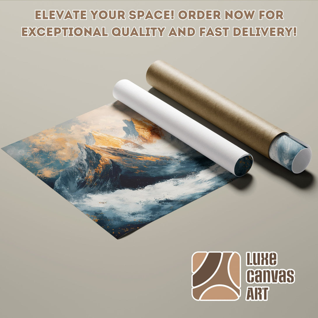 Abstract landscape Poster Roll featuring ocean and cliffs, blue, gold, and neutral tones. Elevate your space!
