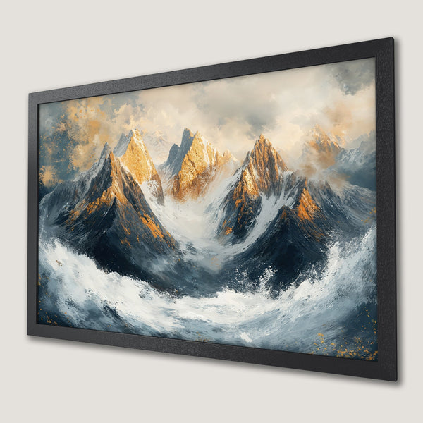 Framed Poster of majestic mountain landscape art with blue, gray, and gold color palette. Perfect wall decor!