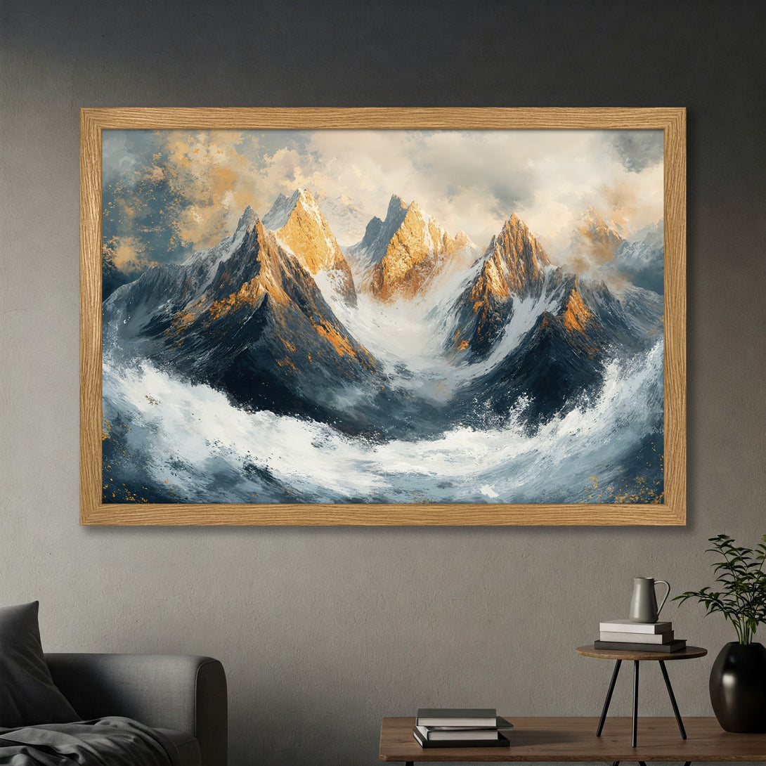 Framed Poster of majestic mountains in a dramatic style, featuring a blue, gold, and white color palette. Perfect wall art!