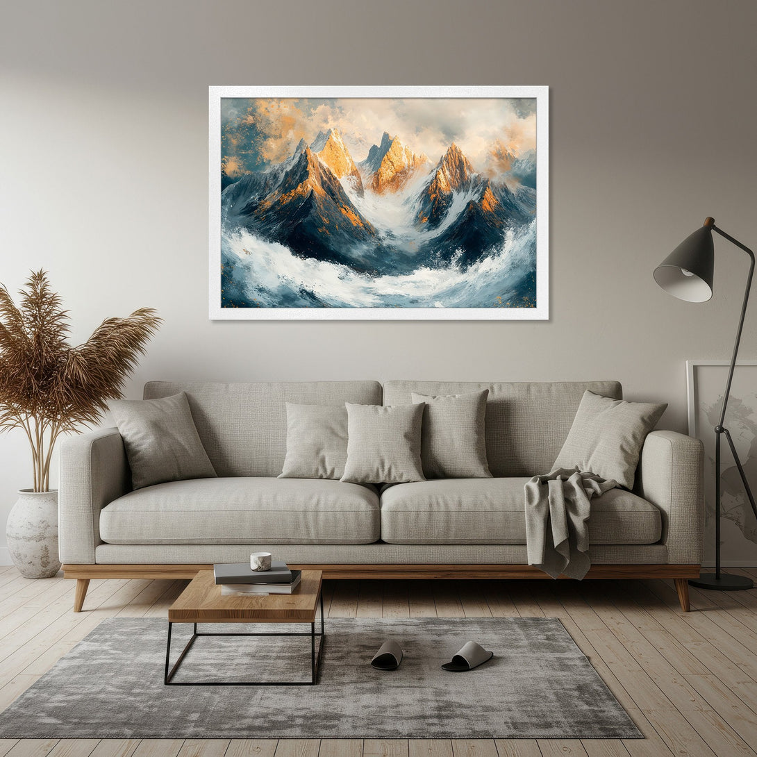 Framed Poster featuring a mountain landscape in a painterly style with a blue, gold, and white color palette. Perfect wall art!