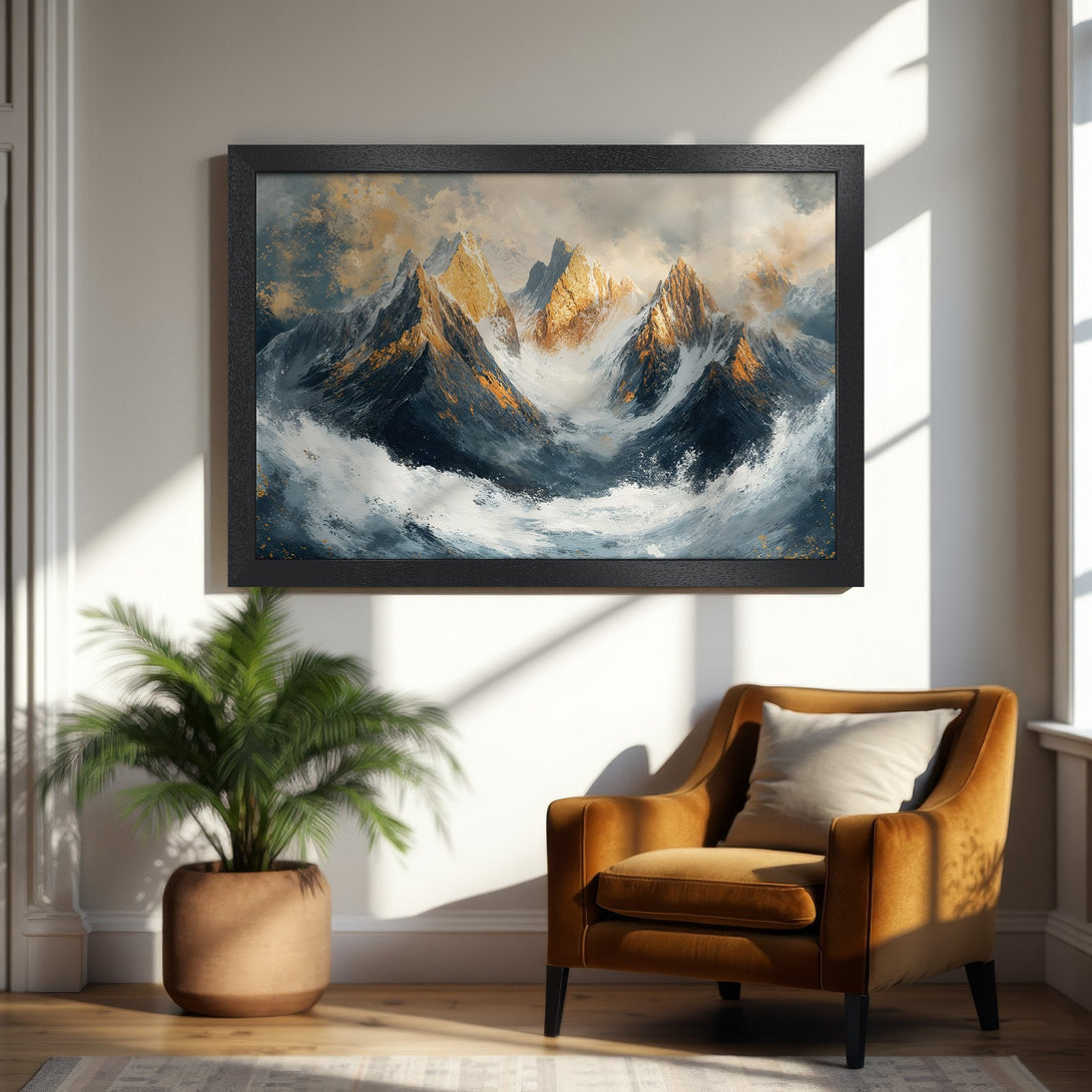 Framed Poster featuring an abstract mountain landscape in blue, gold, and white, perfect for home decor.