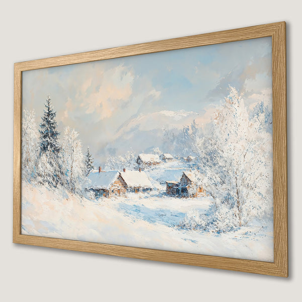 Framed Poster of a winter village scene in a soft, impressionistic style with a cool, muted blue and white color palette. Perfect wall art!