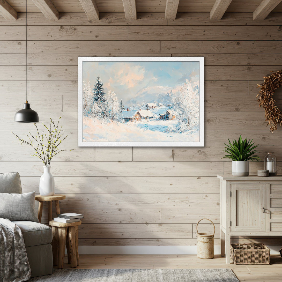 Framed Poster of a winter landscape painting in cool blue and white tones. Rustic style art for home decor.