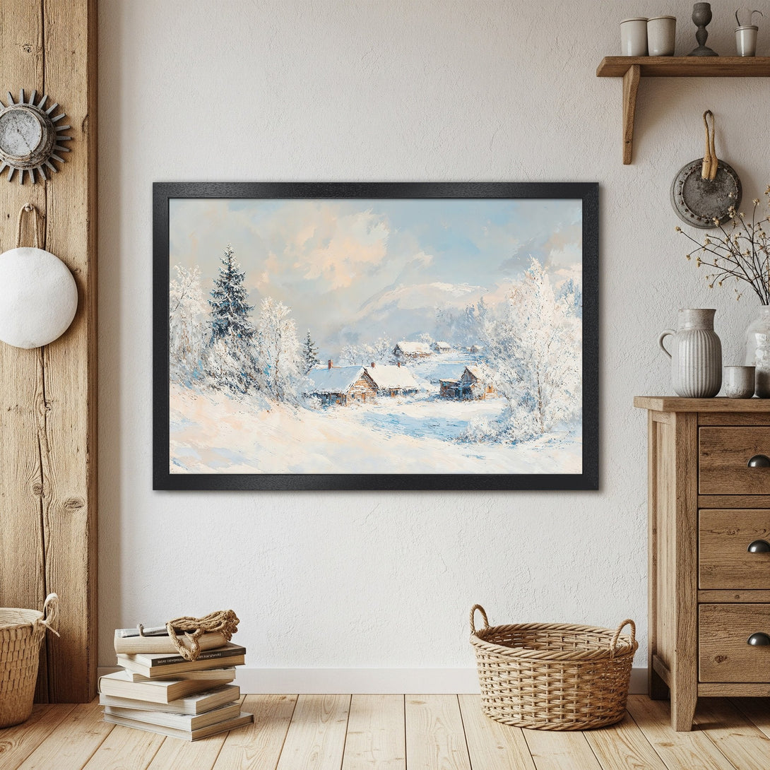 Framed Poster of a winter landscape painting. Features snow-covered houses in a soft, impressionistic style with a blue and white color palette.