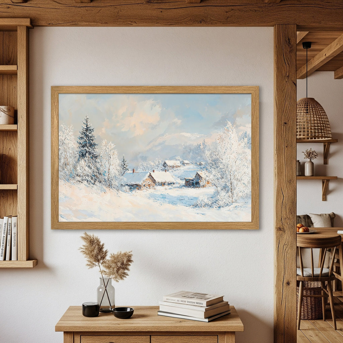 Framed Poster of a winter landscape painting in a serene, cool color palette. Perfect wall art for a cozy home.