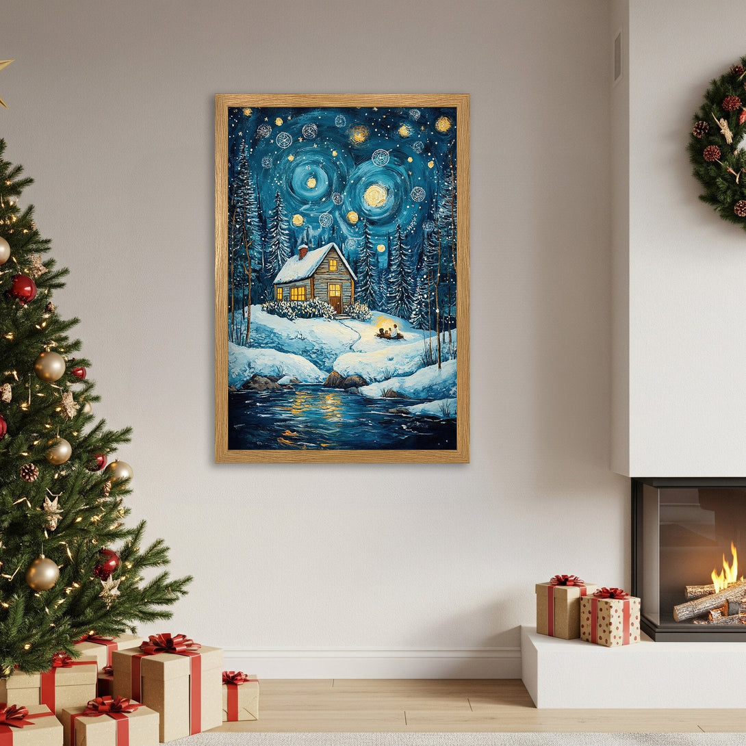 Framed Poster of a winter cabin scene in a whimsical style with a blue and gold color palette. Perfect Christmas decor!