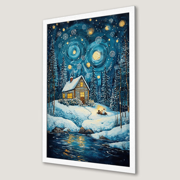 Framed Poster of a cozy cabin in a snowy winter scene. Impressionistic style with blue, gold, and white color palette. Perfect wall art!