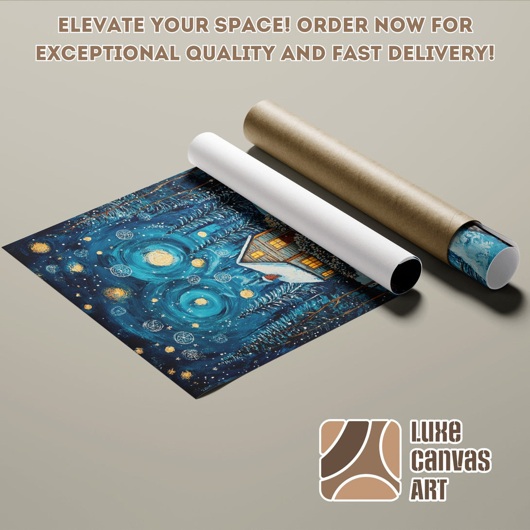 Poster Roll with starry night art, blue and gold palette. Elevate your space with this beautiful poster!