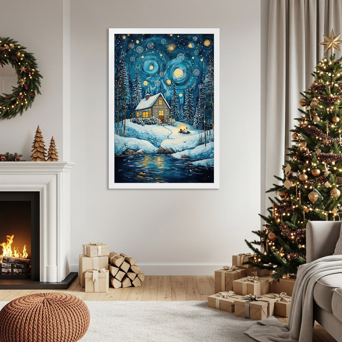Framed Poster featuring a winter cabin scene in a painterly style with a blue and gold color palette, perfect for holiday decor.