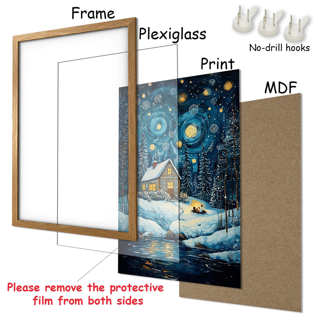 Framed Poster of a cozy winter scene in a blue and gold color palette. Perfect wall art for your home!