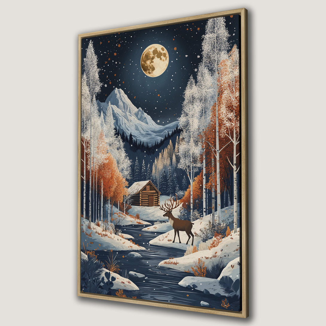 Framed Wall Art: Winter forest scene with a deer, cabin, and moon. Featuring a cool blue, white, and orange color palette. Perfect for cozy home decor.