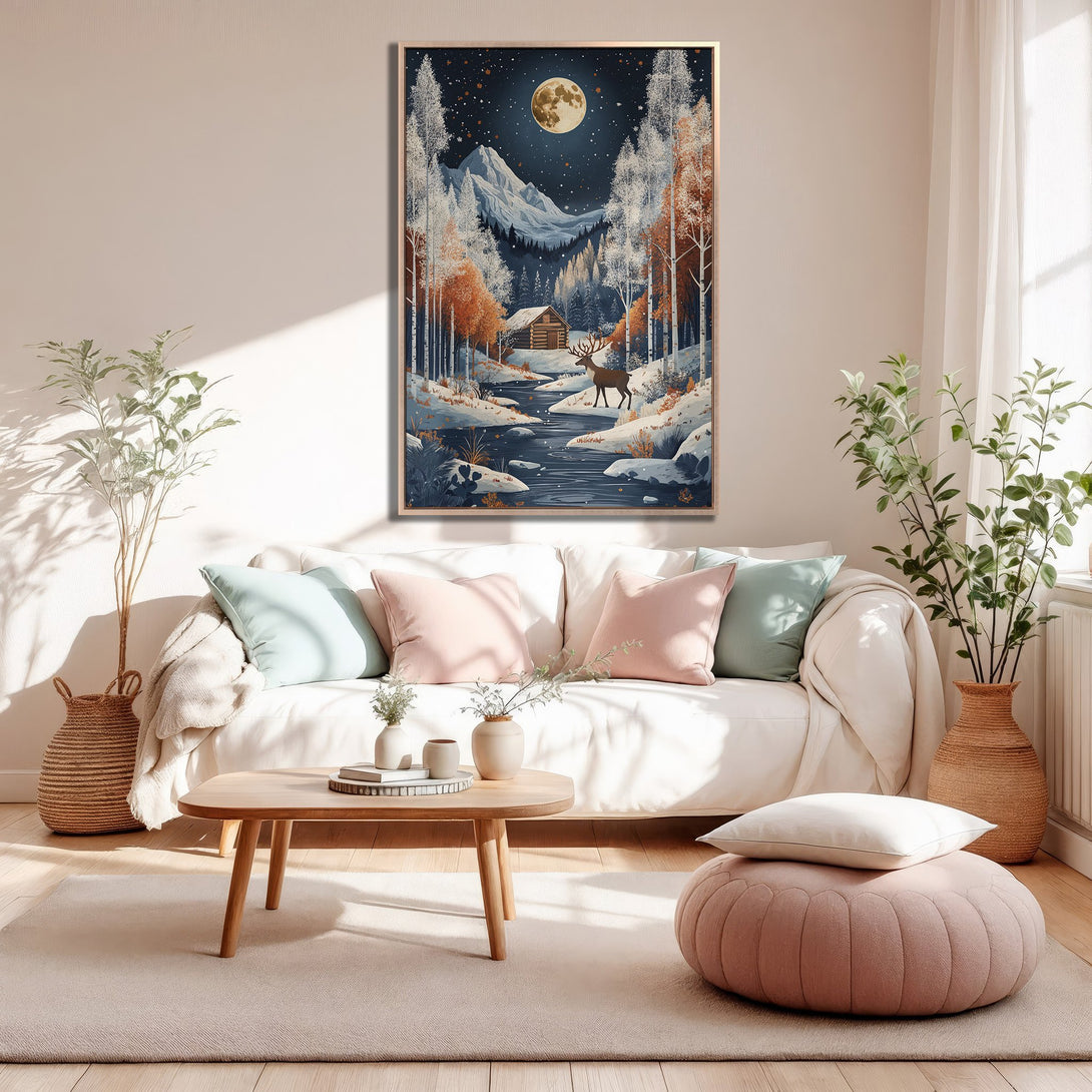 Framed Wall Art Canvas Print: Winter landscape with cabin, deer, and moon. Cozy art in blue, orange, and white tones. Perfect for living room decor.