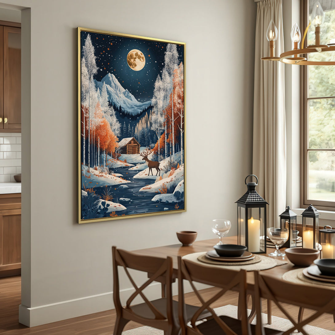 Canvas Print of a winter landscape with a cabin, deer, and full moon. Features a rustic style and a warm, earthy color palette.
