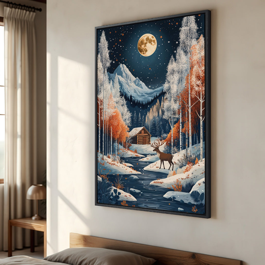 Framed Wall Art: Winter landscape Canvas Print with a cabin, deer, and moon. Featuring a blue, orange, and white color palette. Perfect for home decor.