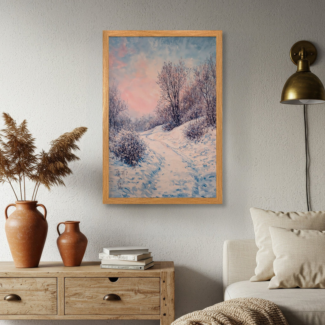 Framed Poster of a winter landscape in a soft, impressionistic style with a pastel blue and pink color palette. A beautiful art print for your home.