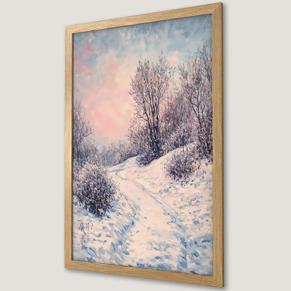 Framed Poster of a winter landscape painting. Features a snowy path, trees, and a pink and blue sky. Beautiful art for your home!