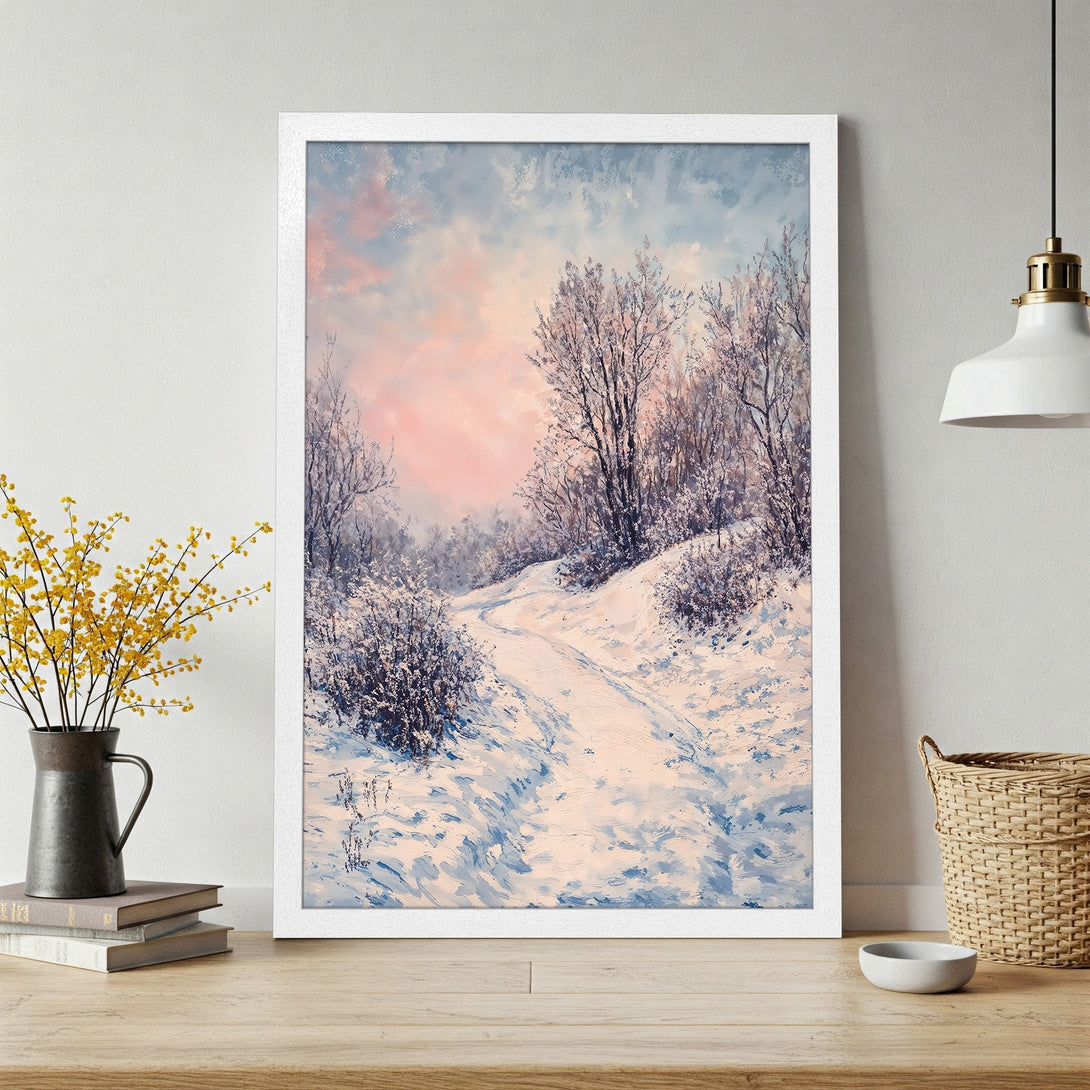 Framed Poster featuring a winter landscape in a painterly style with a soft blue and pink color palette. Perfect wall art for your home!