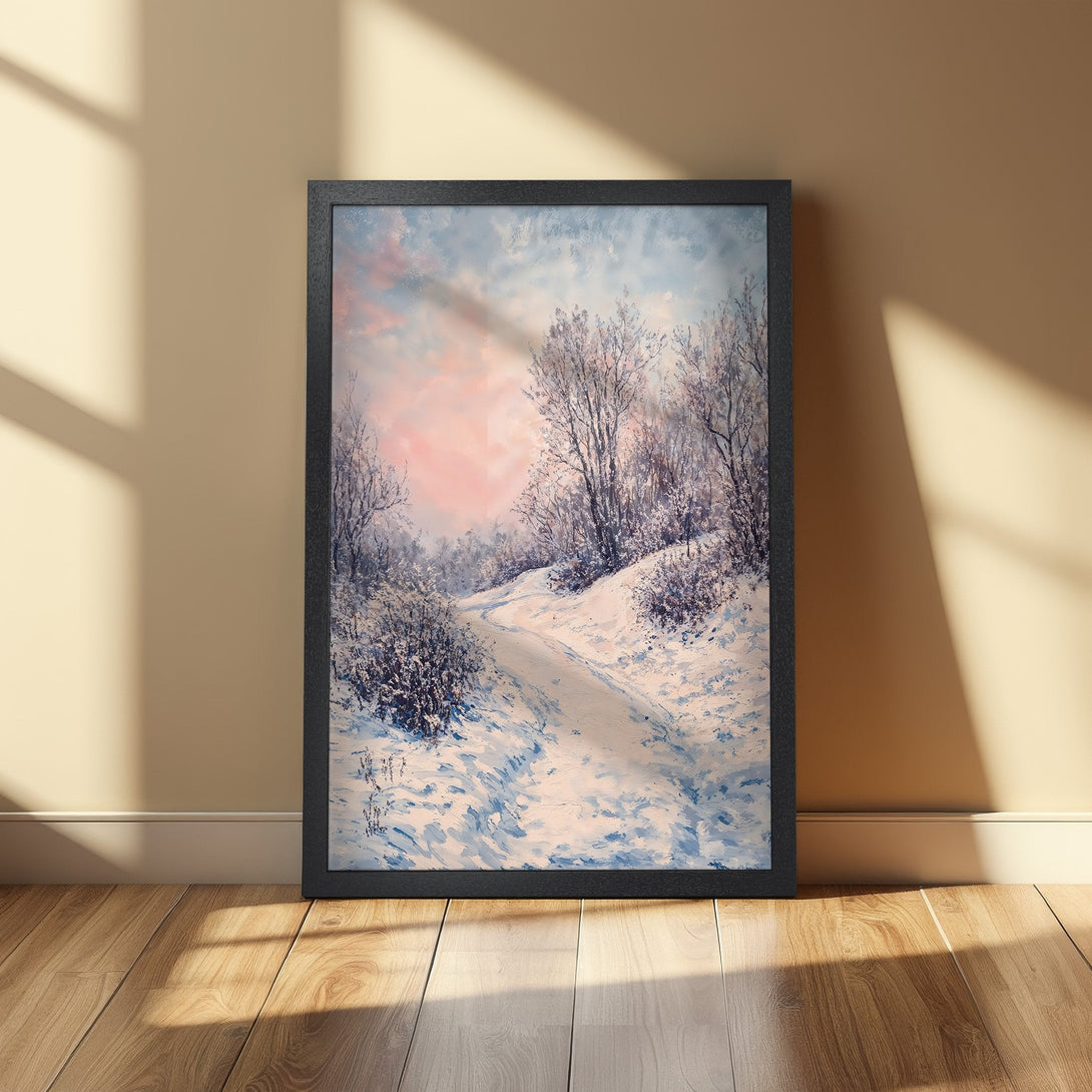 Framed Poster of a winter landscape painting in cool blues, whites, and pinks. Perfect wall art for a cozy home.