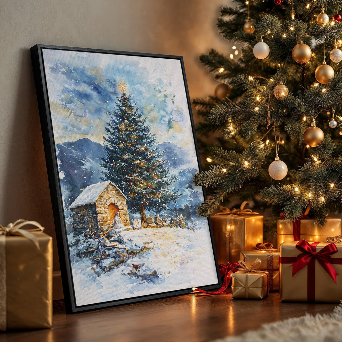 Framed Wall Art featuring a winter landscape watercolor painting with a Christmas tree, in blue and gold tones, perfect holiday decor.