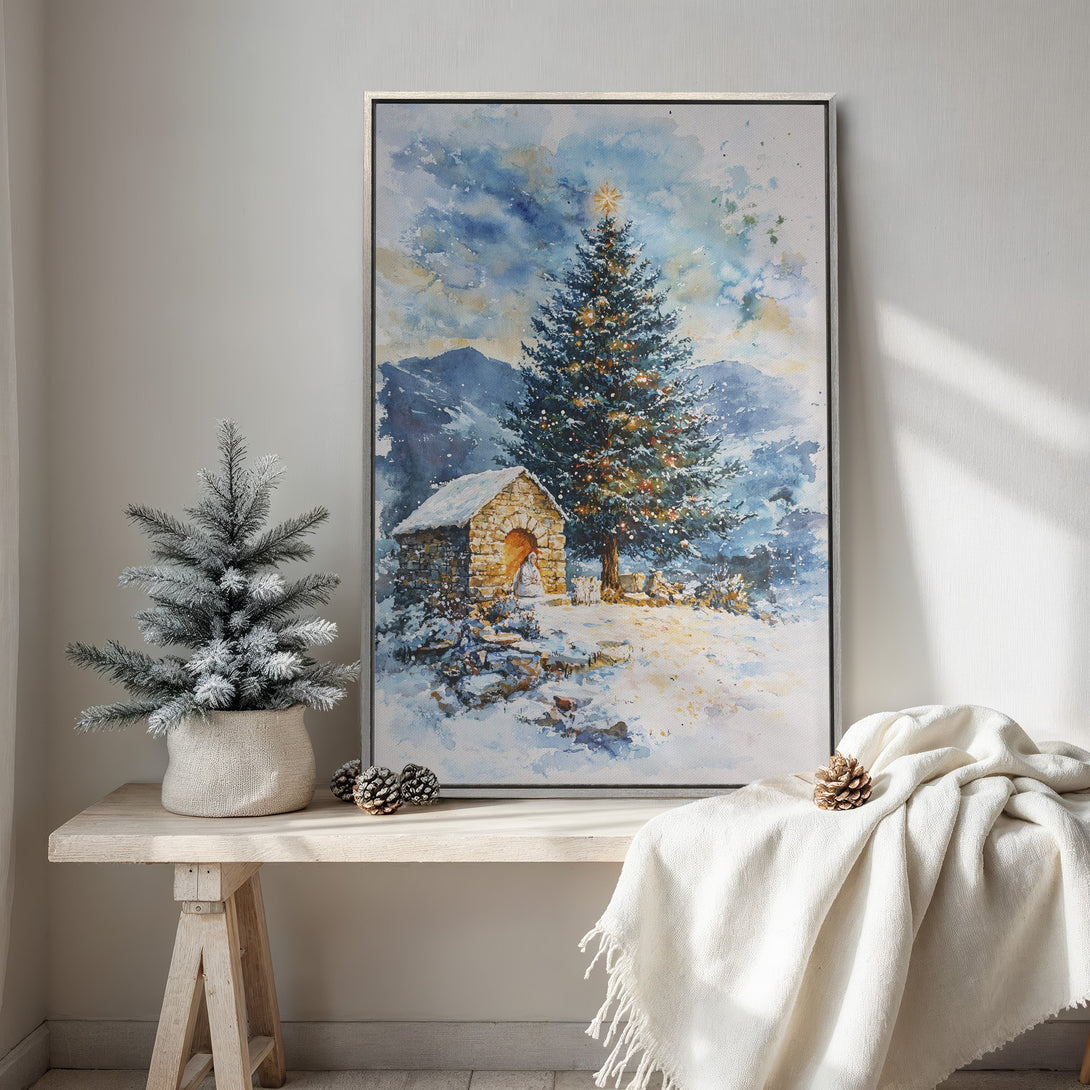 Framed Wall Art: Watercolor winter scene with Christmas tree and snow-covered landscape. Blue, white, and gold color palette. Perfect holiday decor.