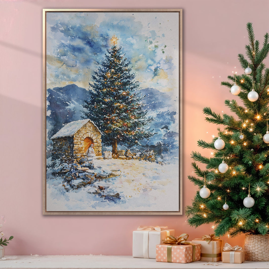 Framed Wall Art: Watercolor Christmas scene in blue and gold tones. Snowy landscape with a decorated tree, perfect for holiday decor.