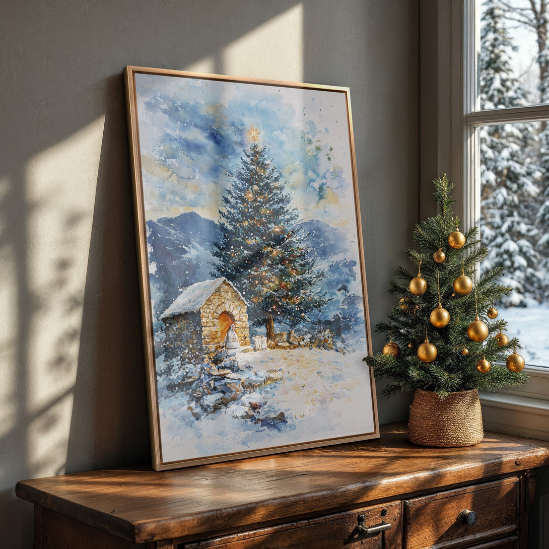 Framed Wall Art: Watercolor Christmas scene with a snowy landscape and tree. Blue, white, and gold palette. Perfect holiday decor for a cozy home.