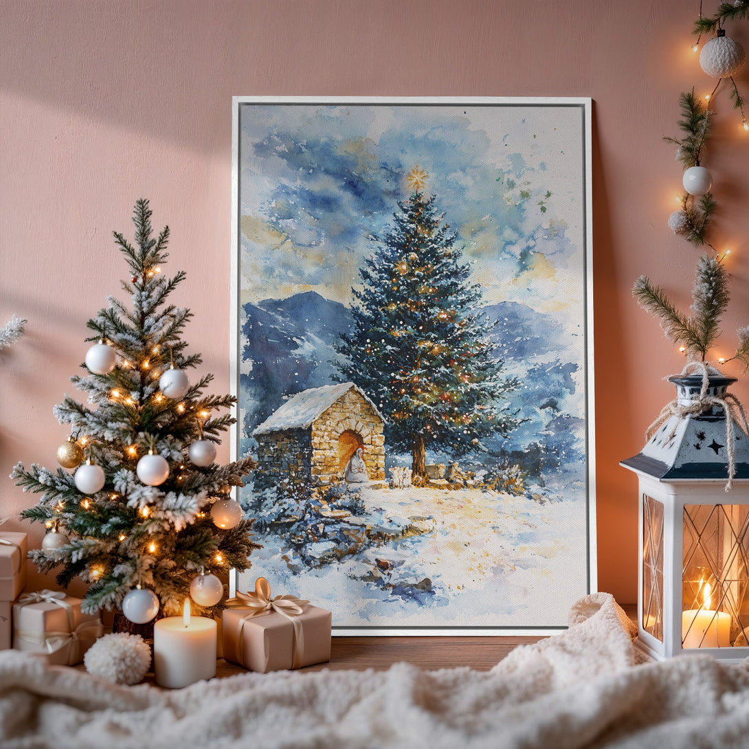 Framed Wall Art of a snowy Christmas scene in watercolor style. Blue, white, and gold color palette. Perfect holiday decor.