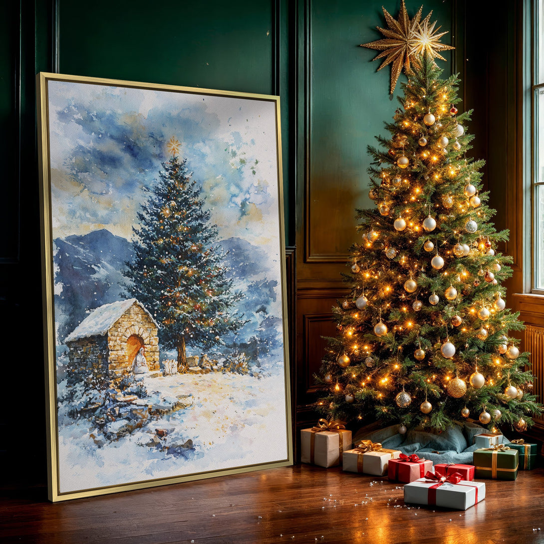 Canvas Print of a watercolor Christmas scene with a snowy landscape, tree, and blue and gold hues. Perfect holiday wall art!