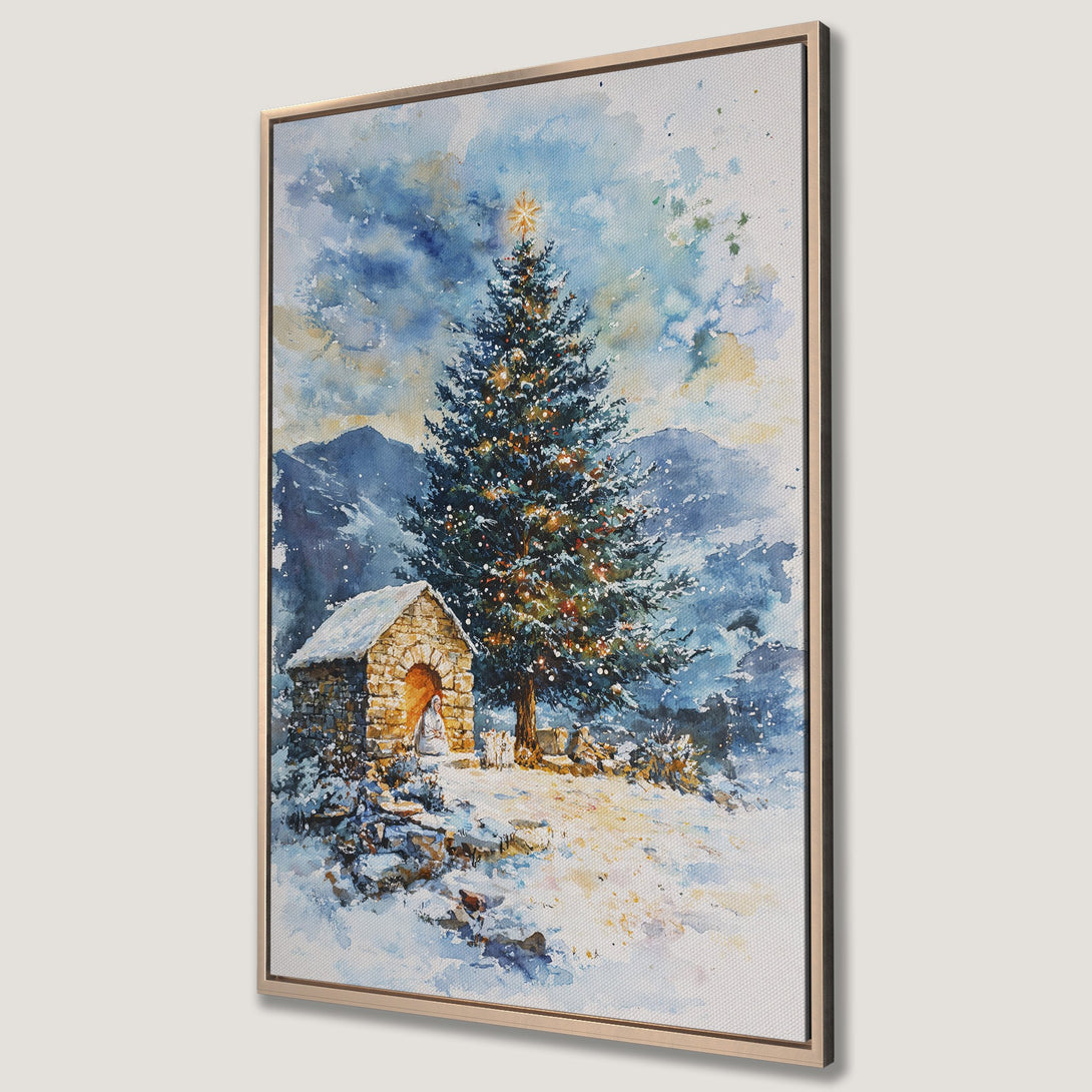 Framed Wall Art featuring a watercolor Christmas scene with a tree, snow, and a stone building. Blue and gold color palette, perfect holiday decor.