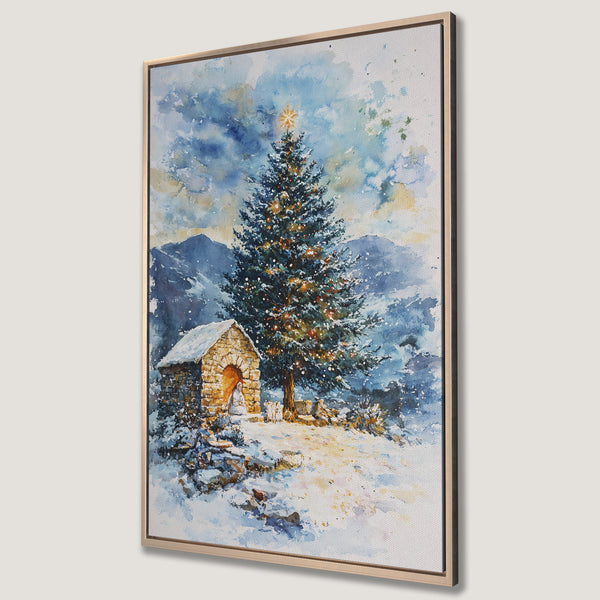 Framed Wall Art featuring a watercolor Christmas scene with a tree, snow, and a stone building. Blue and gold color palette, perfect holiday decor.