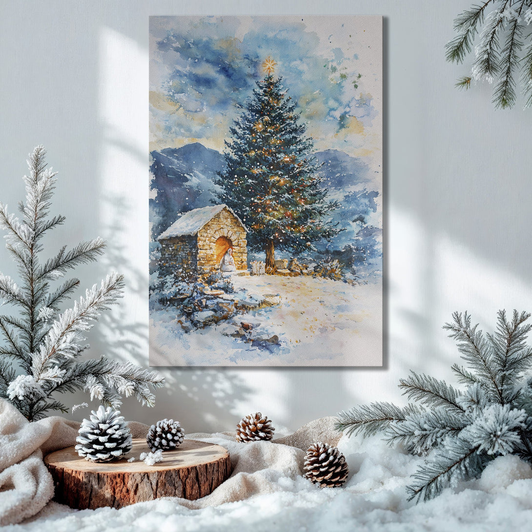 Framed Wall Art: Watercolor Christmas scene in blue and gold hues. Perfect holiday decor for your home!