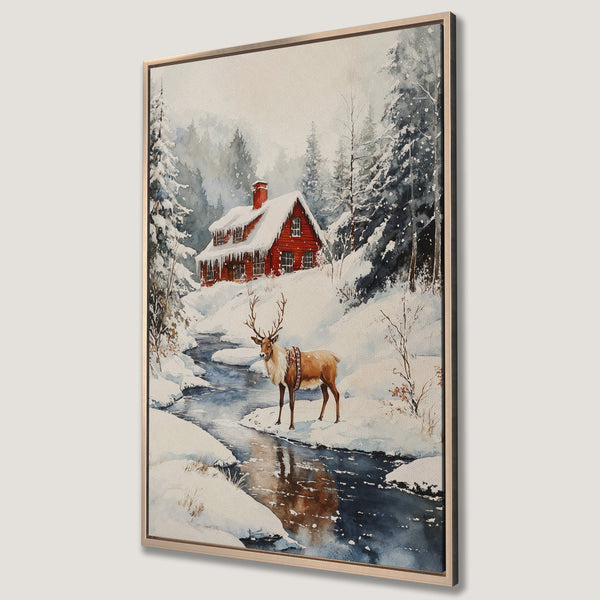 Framed Wall Art: Watercolor winter scene with a red cabin, reindeer, and snowy landscape. Serene blues, whites, and warm reds create a cozy, inviting atmosphere.