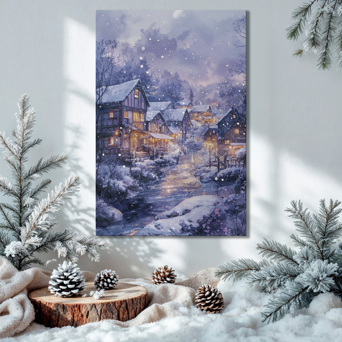Framed Wall Art: Winter village scene in watercolor style with blue & purple hues. Perfect holiday decor for a cozy, inviting home.