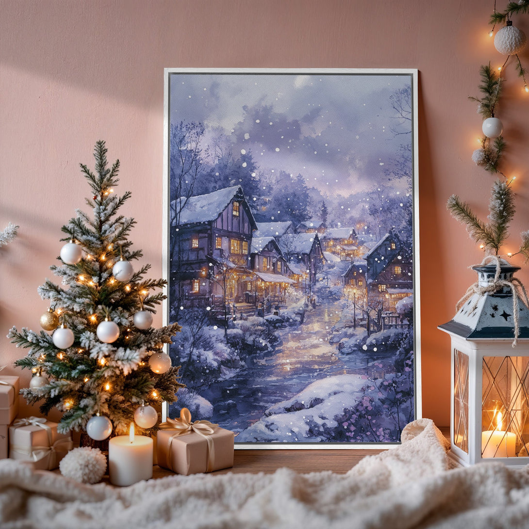 Framed Wall Art of a snowy village scene in watercolor style, with a cool blue and purple palette, perfect for winter decor.