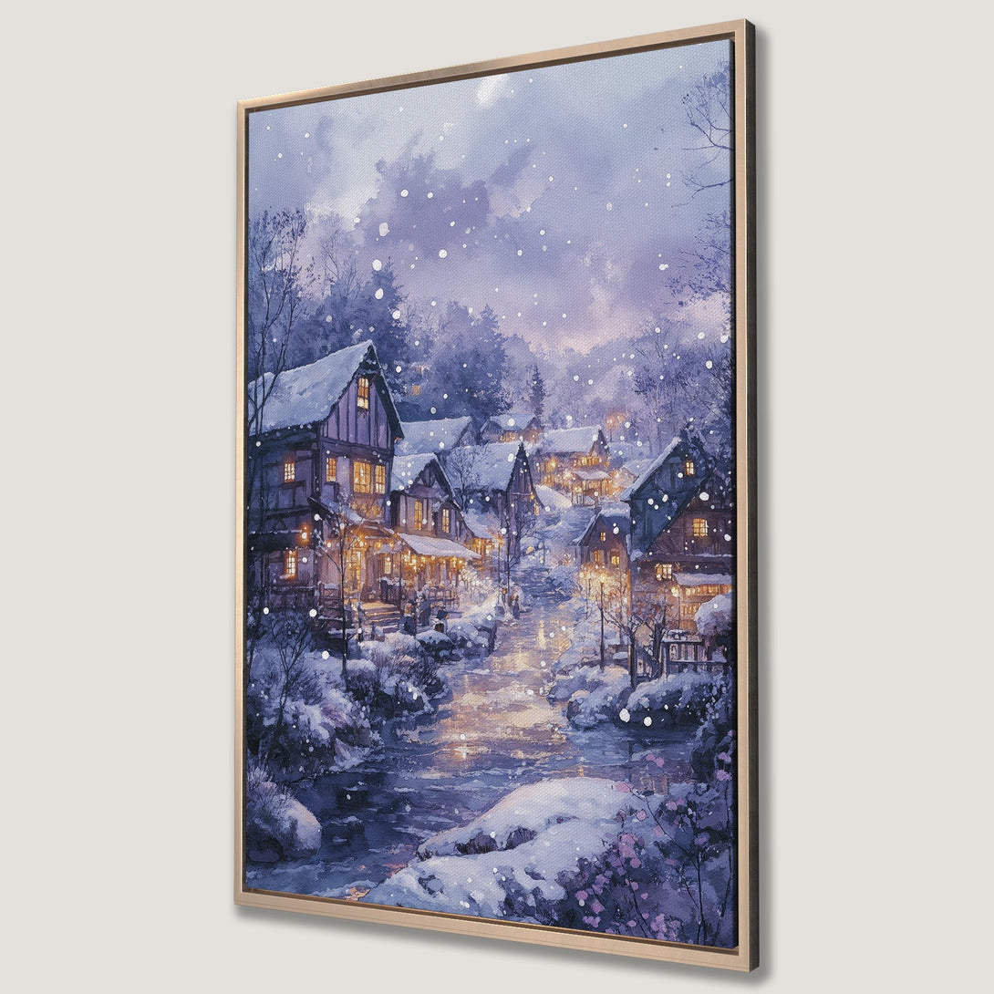 Framed Wall Art: Winter village scene in watercolor style. Snowy landscape with cozy homes, warm lights, and a cool blue and purple palette. Perfect for home decor.